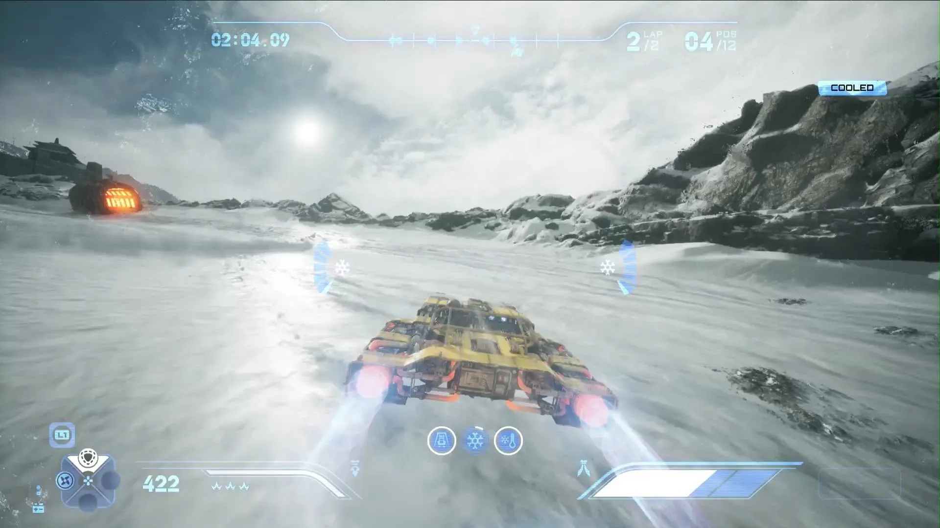 Star Wars Galactic Racer yellow speeder using ramjet while freezing up from teh cold on Ando Prime
