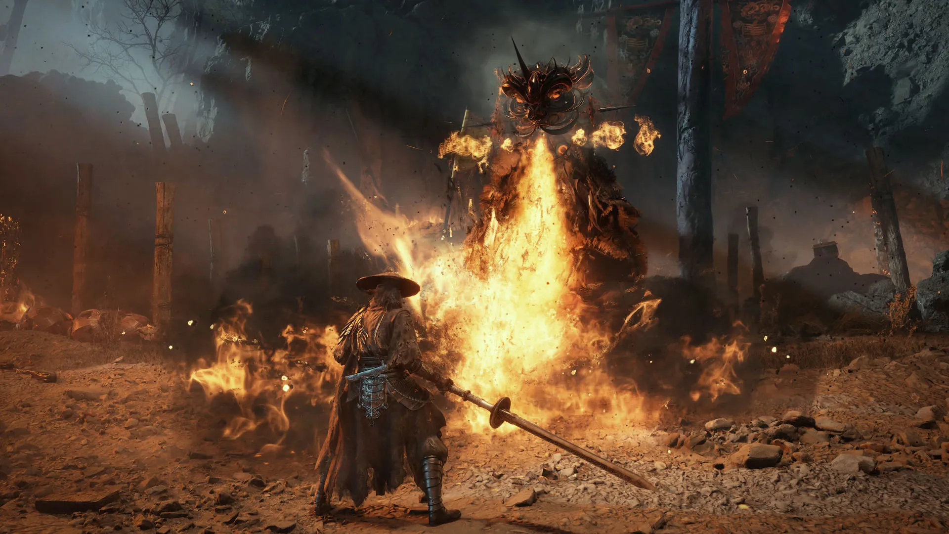 A mythical lion creature rises high and breathes fire at Soul in Phantom Blade Zero