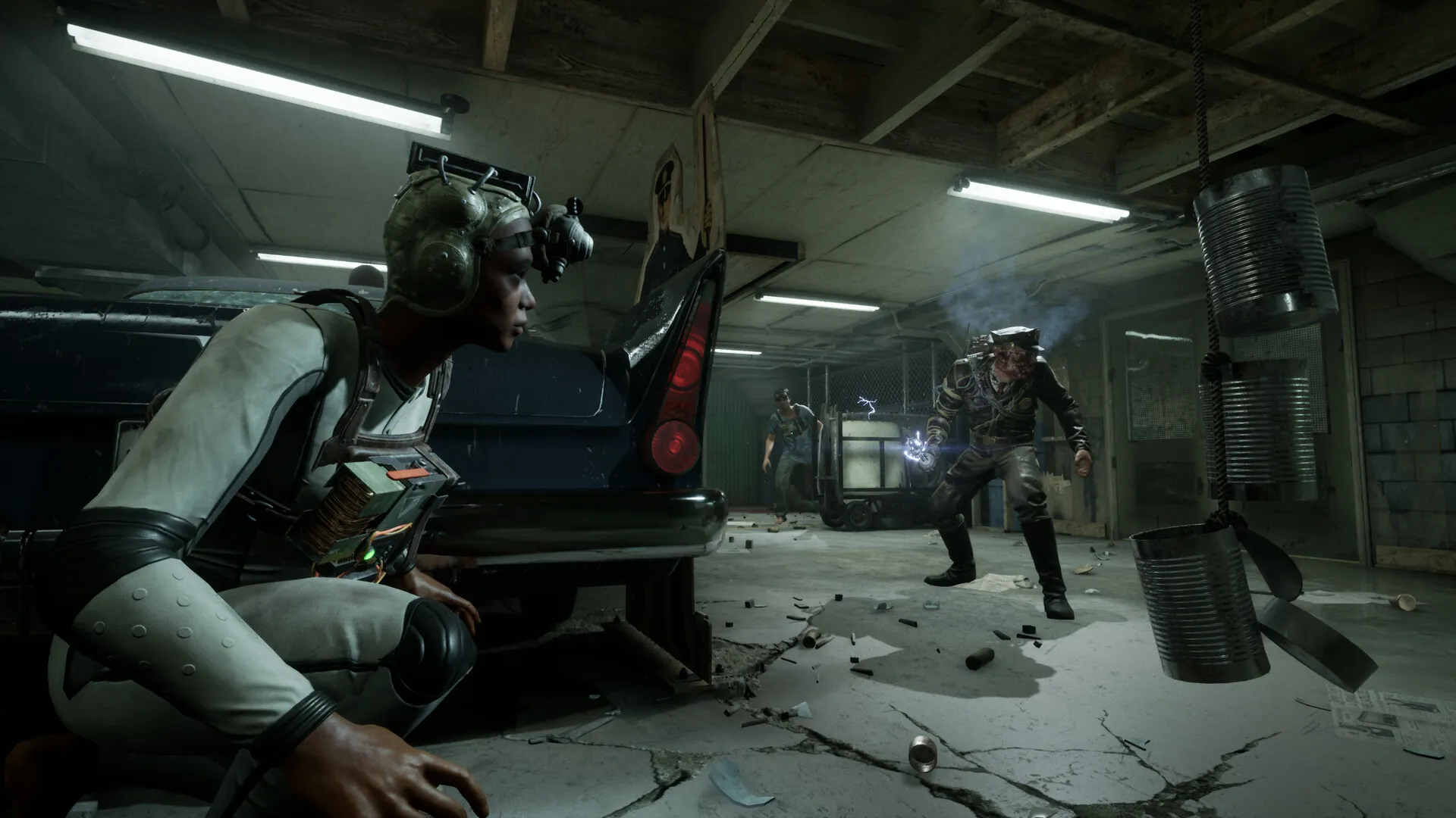 A player hiding behind a car during the game, The Outlast Trials