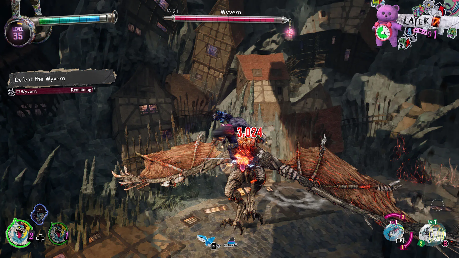 In werewolf form, Davy performs an aerial combo on a wyvern in Stupid Never Dies