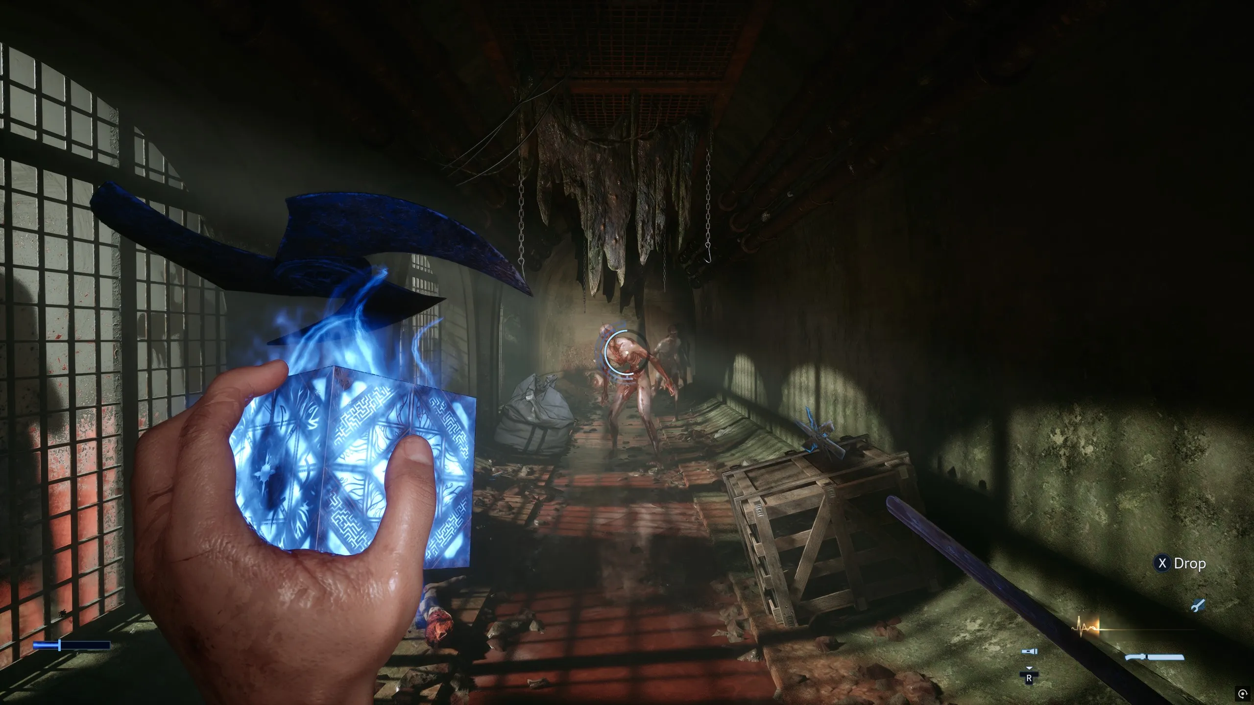 Aiming a metal saw blade using the cube at an Unworthy zombie-like foe in a sewer in Hellraiser: Revival