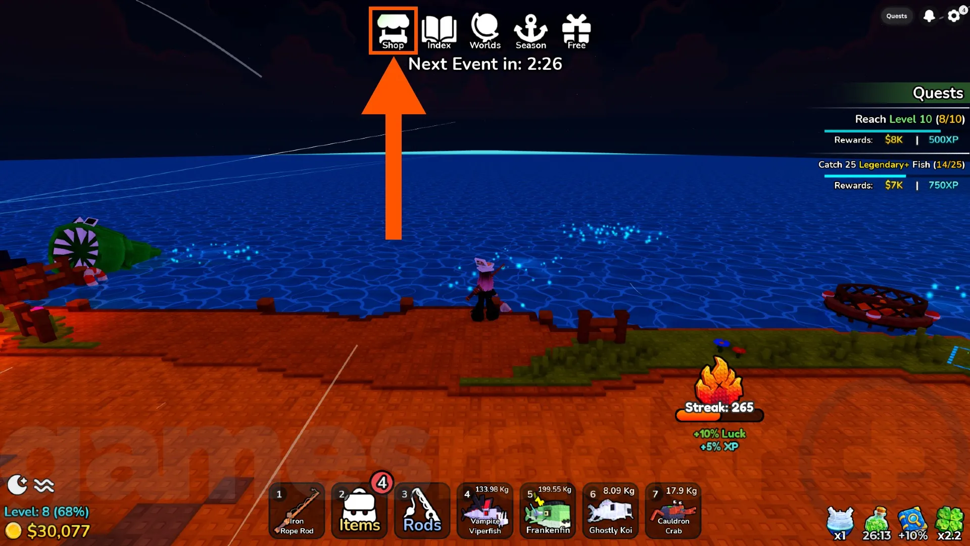An orange arrow points to the Shop icon where you can redeem Deep Fishing codes.