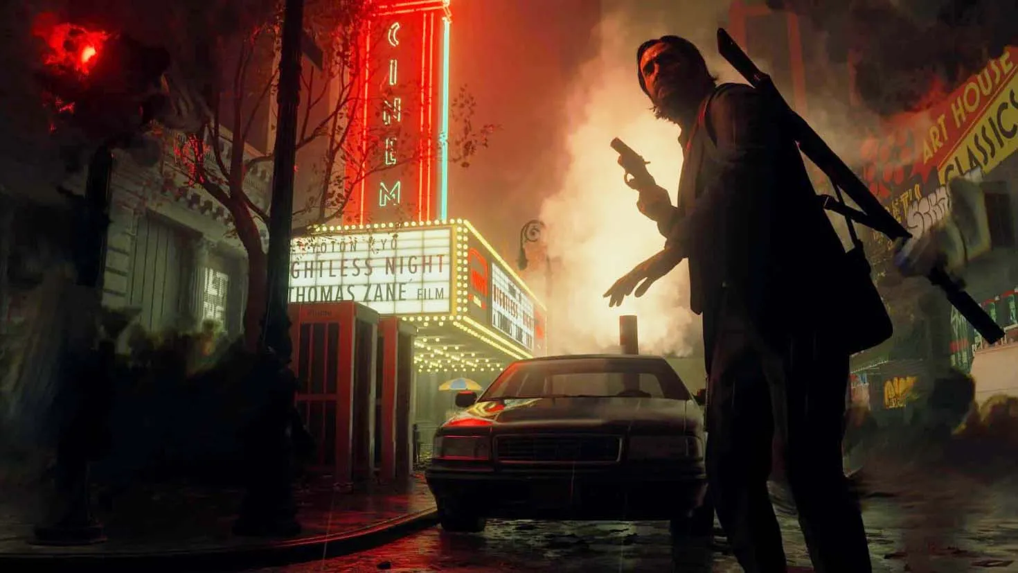 Alan Wake 2 screenshot with protagonist wielding a revolver in a smoky night street scene