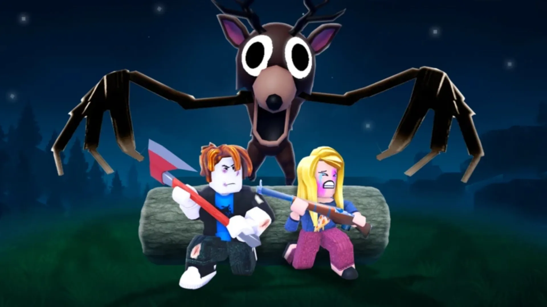 The Deer, one of the characters appearing in The Hollow, looms over two Roblox characters in 99 Nights in the Forest.