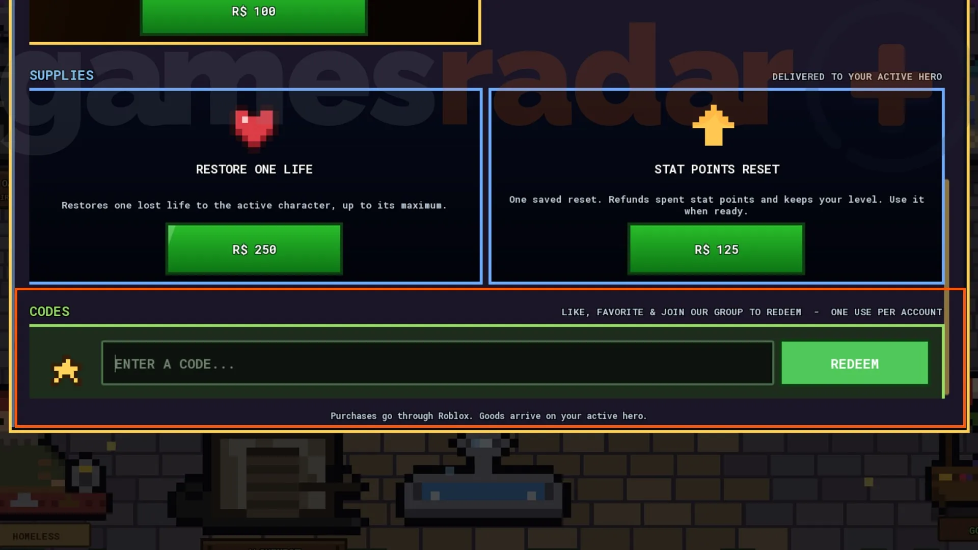 The Pixel Lineage codes redemption box as it appears at the bottom of the Goblin Merchant's shop screen.