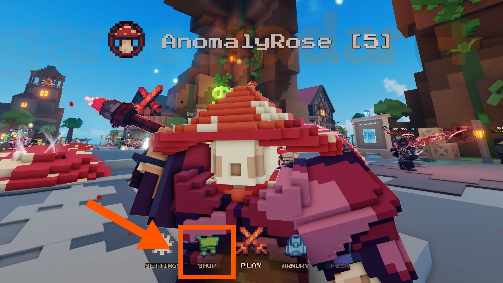 A Shroom character looks at an orange arrow pointing to the Pixel Blade codes redemption button.