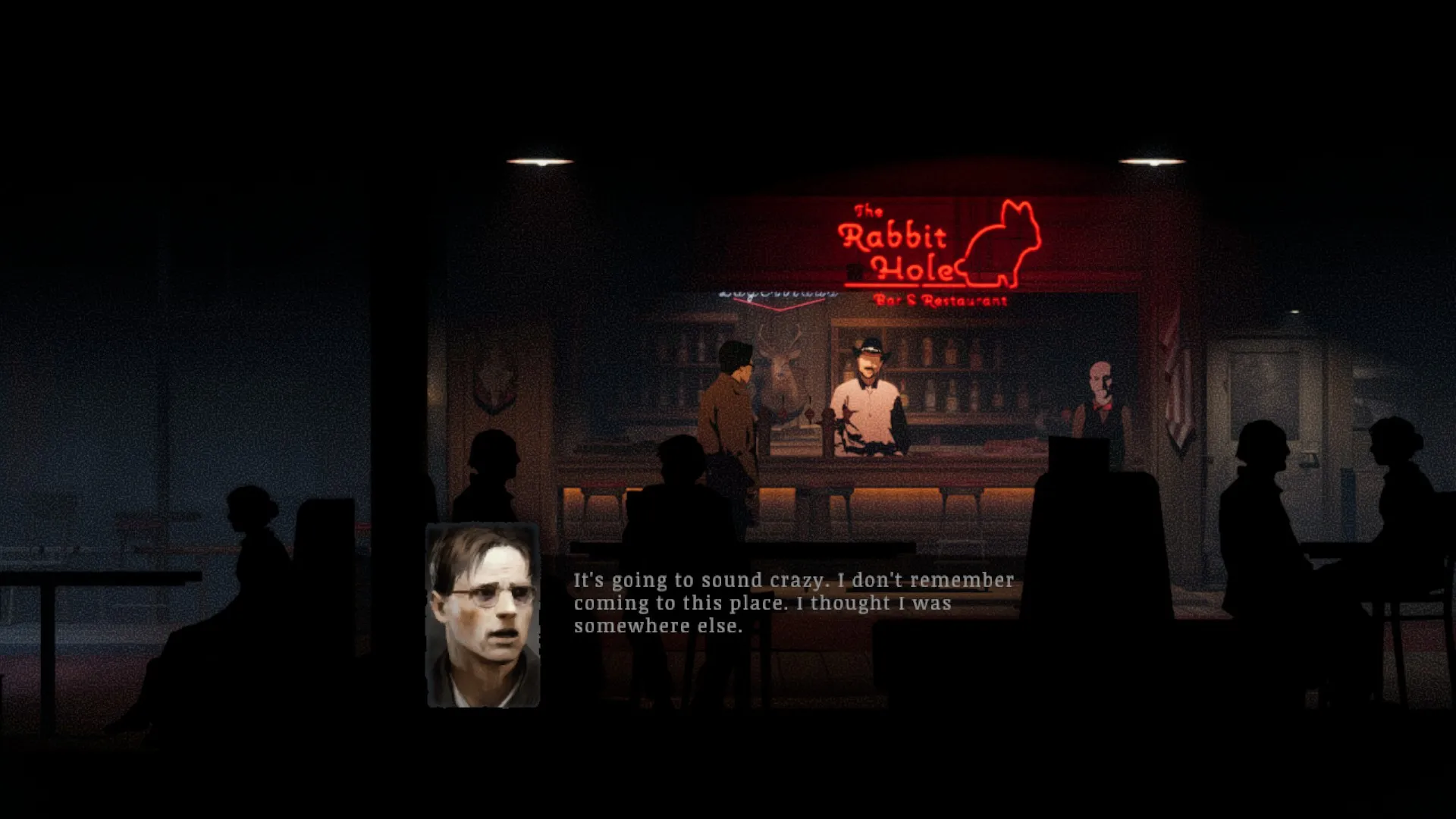 Walker talks with the bartender at The Rabbit Hole in Silver Pines, saying he has no memory of how he got here