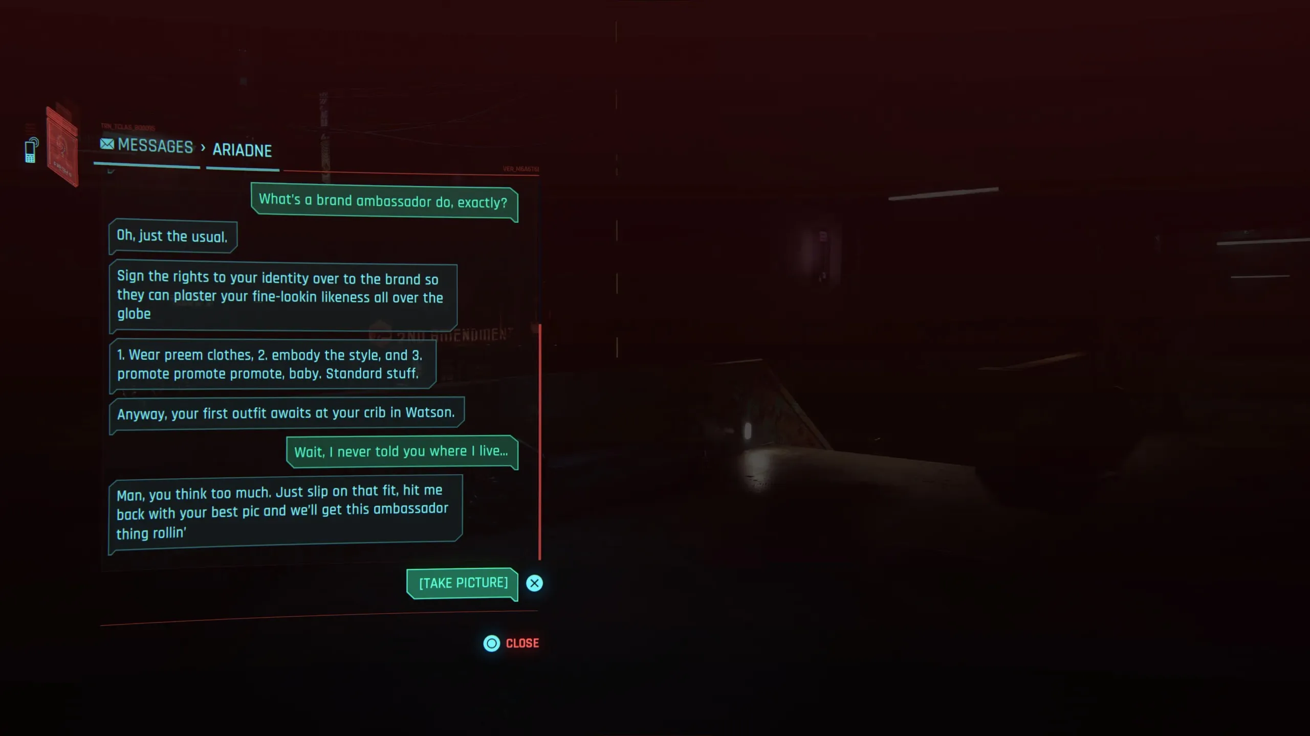 V responds to Ariadne in Cyberpunk 2077 and sends a picture