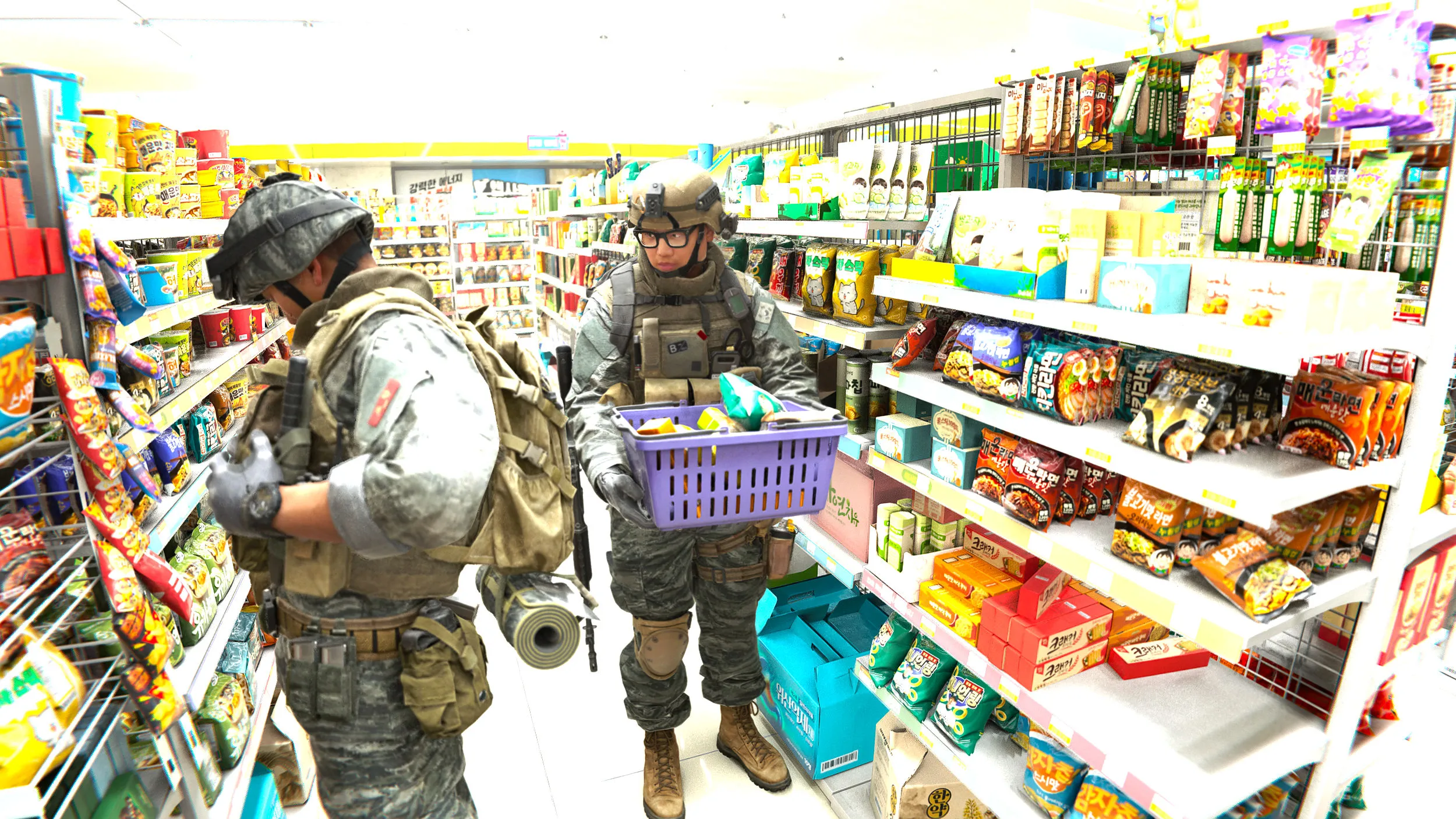 Two S. Korean soldiers shop in a brightly lit convenience store in Call of Duty: Modern Warfare 4.
