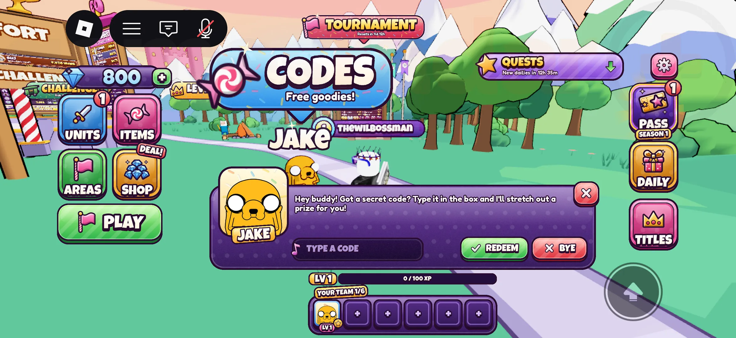 The interaction screen with Jake used to redeem Candy Kingdom Defense codes