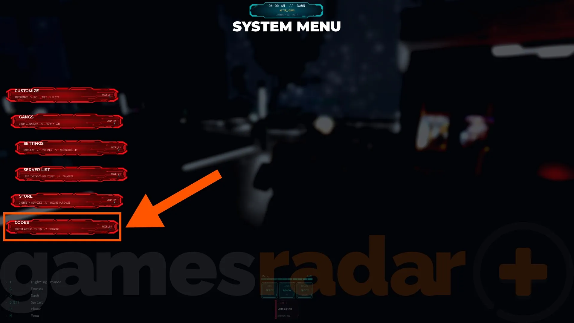 An orange arrow points to the Arasaka Academy Codes button in the main menu.