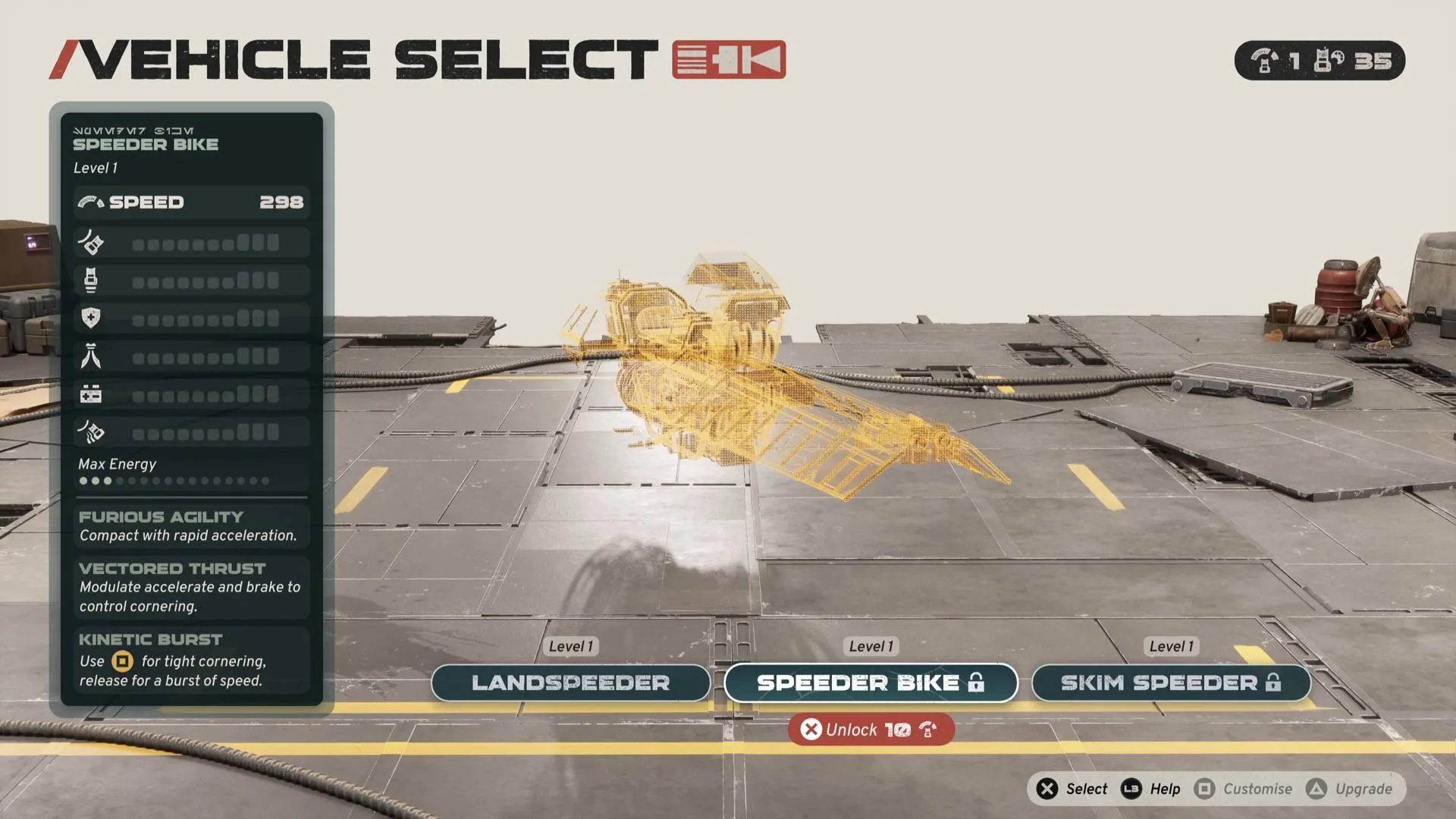 Star Wars Galactic Racer locked Skim Speeder in vehicle select menu