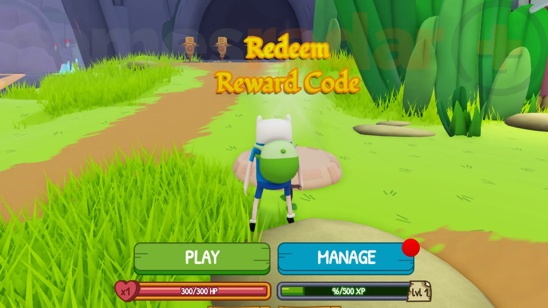 Finn stands in front of the Redeem Reward Code area in Adventure Time RPG.