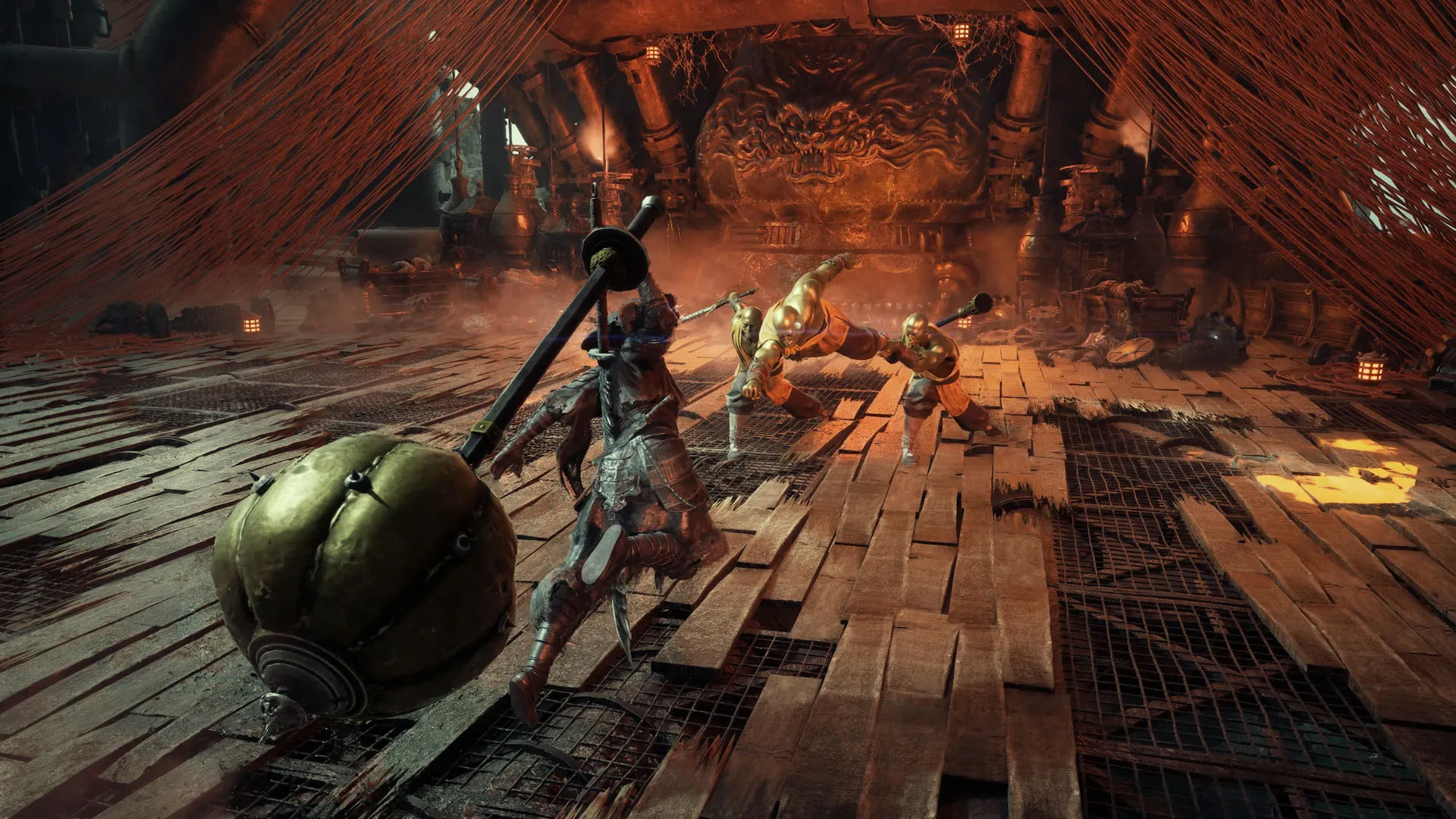 Golden enemies in a temple lunge towards Soul in Phantom Blade Zero as he readies an orb-shaped giant weapon to strike