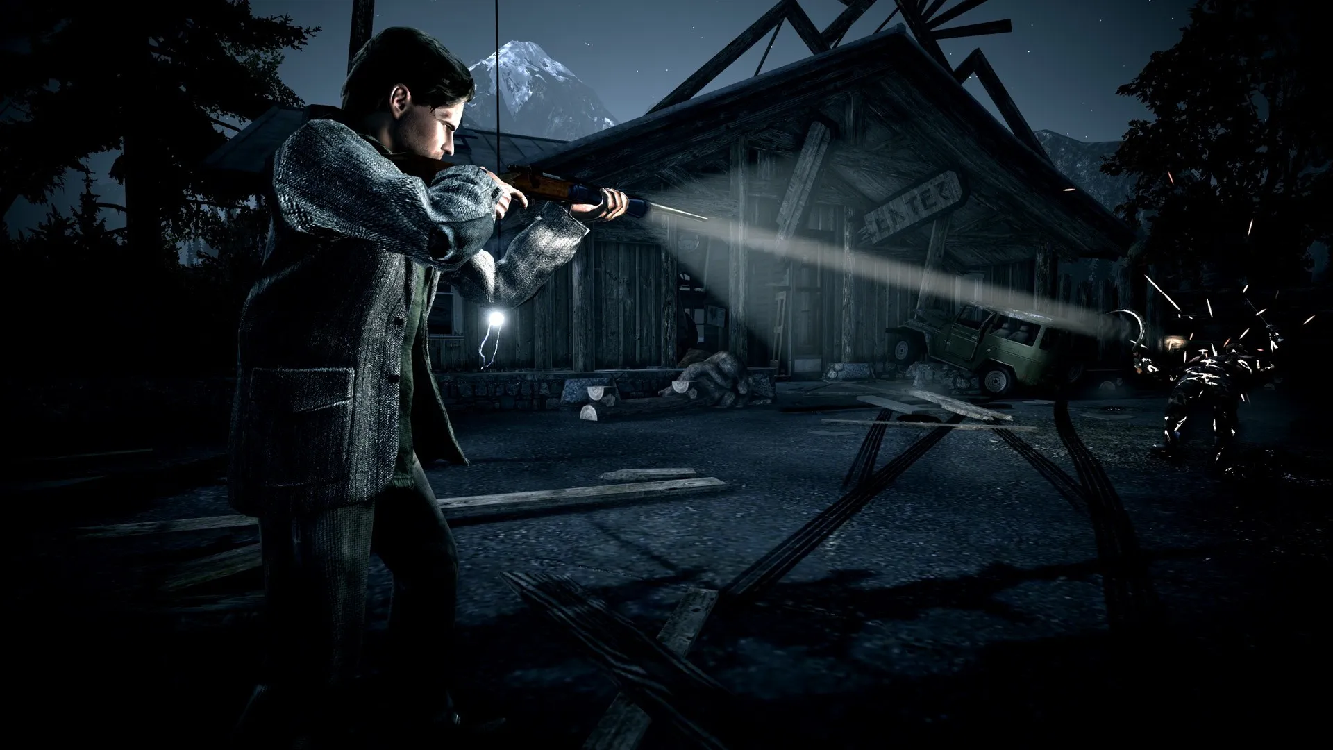 Alan Wake gameplay screenshot with protagonist firing a shotgun into the darkness