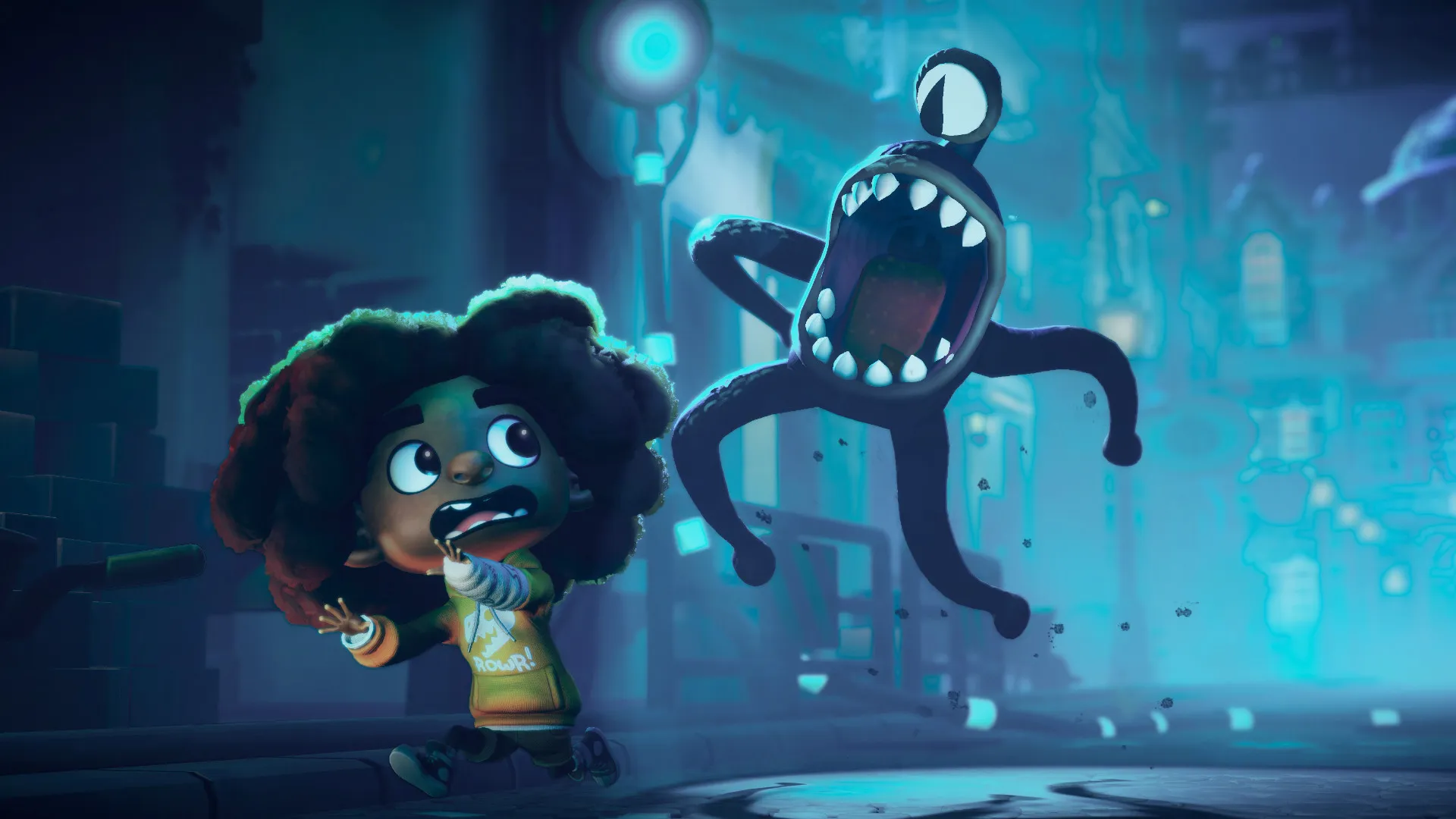 A character running away from a monster in the upcoming co-op game, Stage Fright.