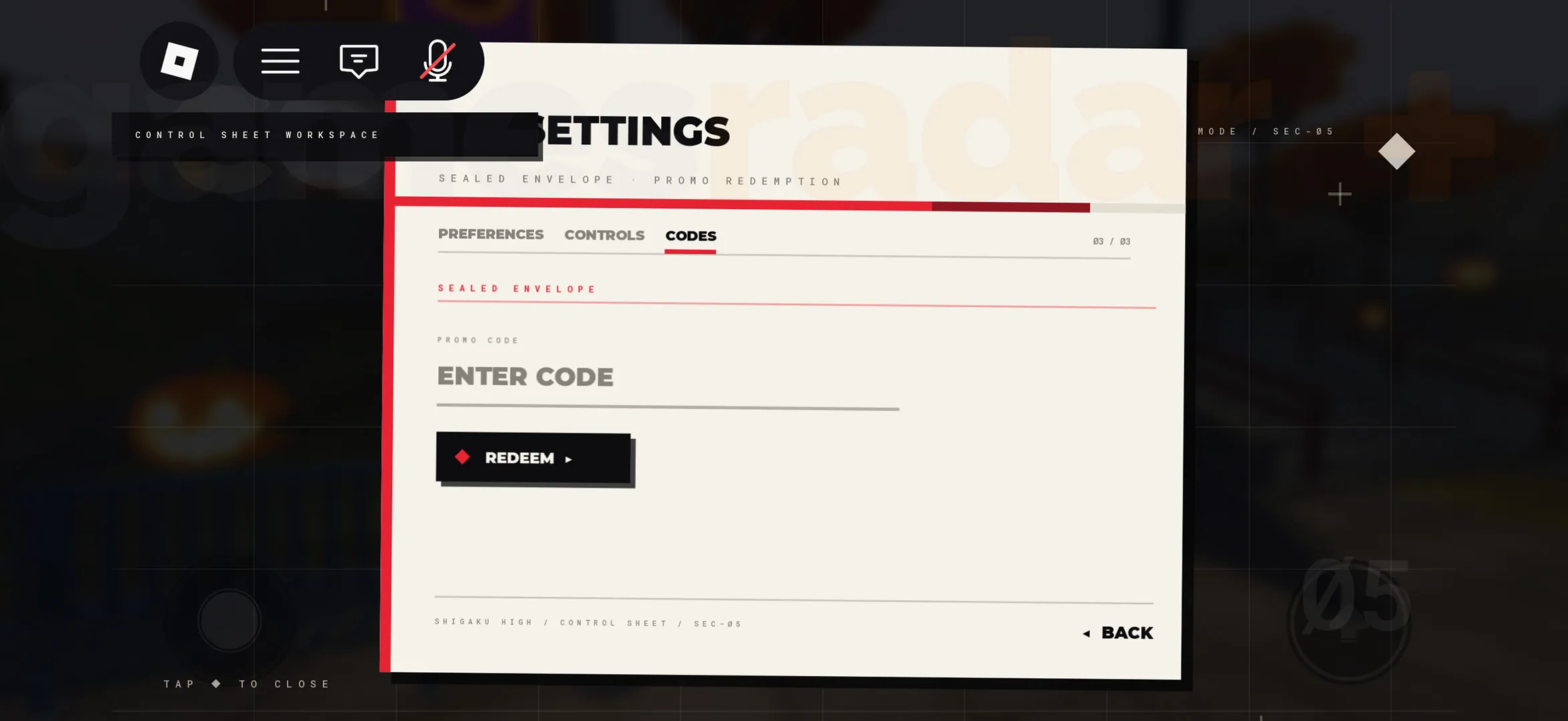 The menu used to redeem Shigaku codes