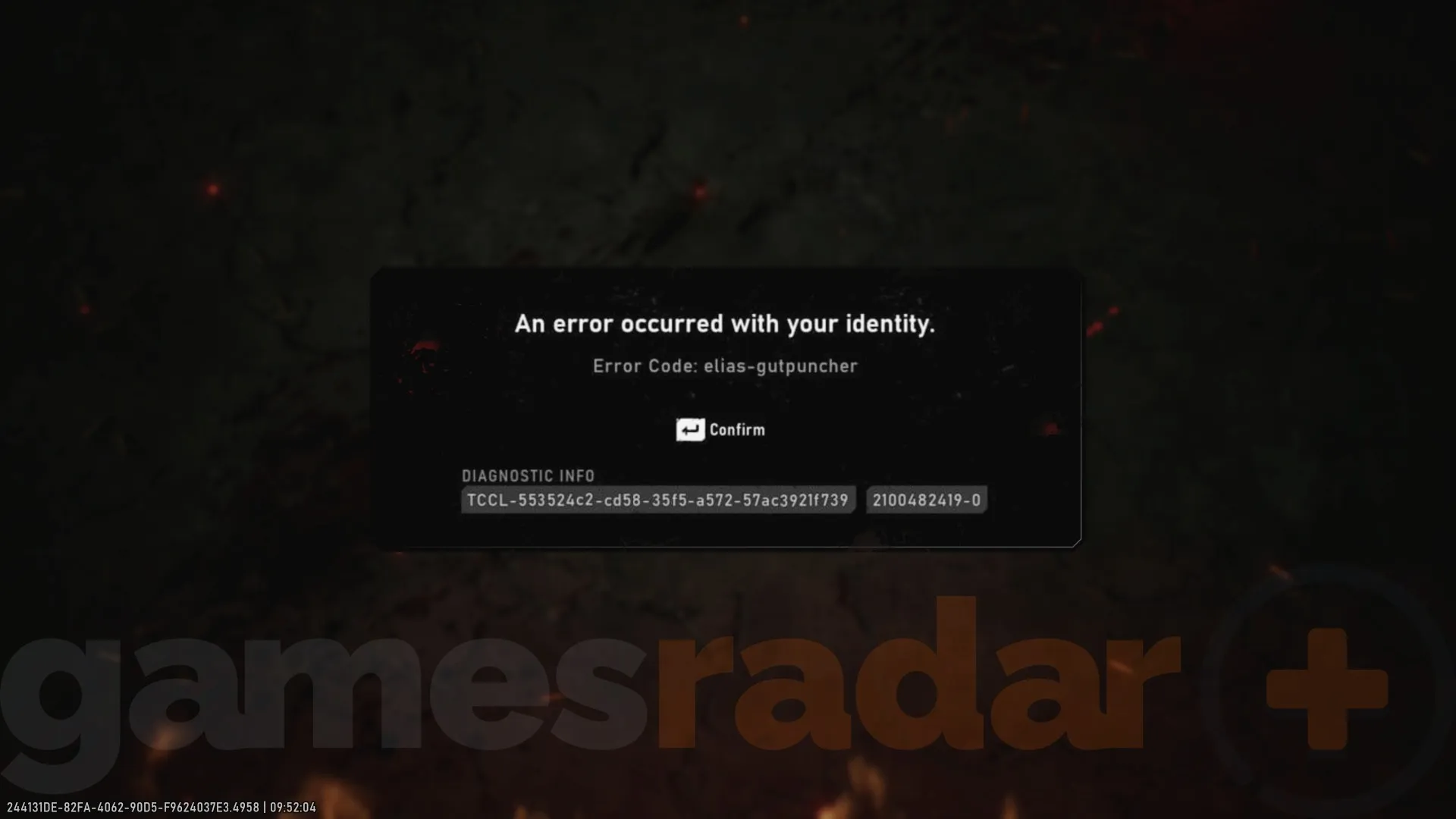 The Elias-Gutpuncher Gears of War E-Day error code appears on screen.