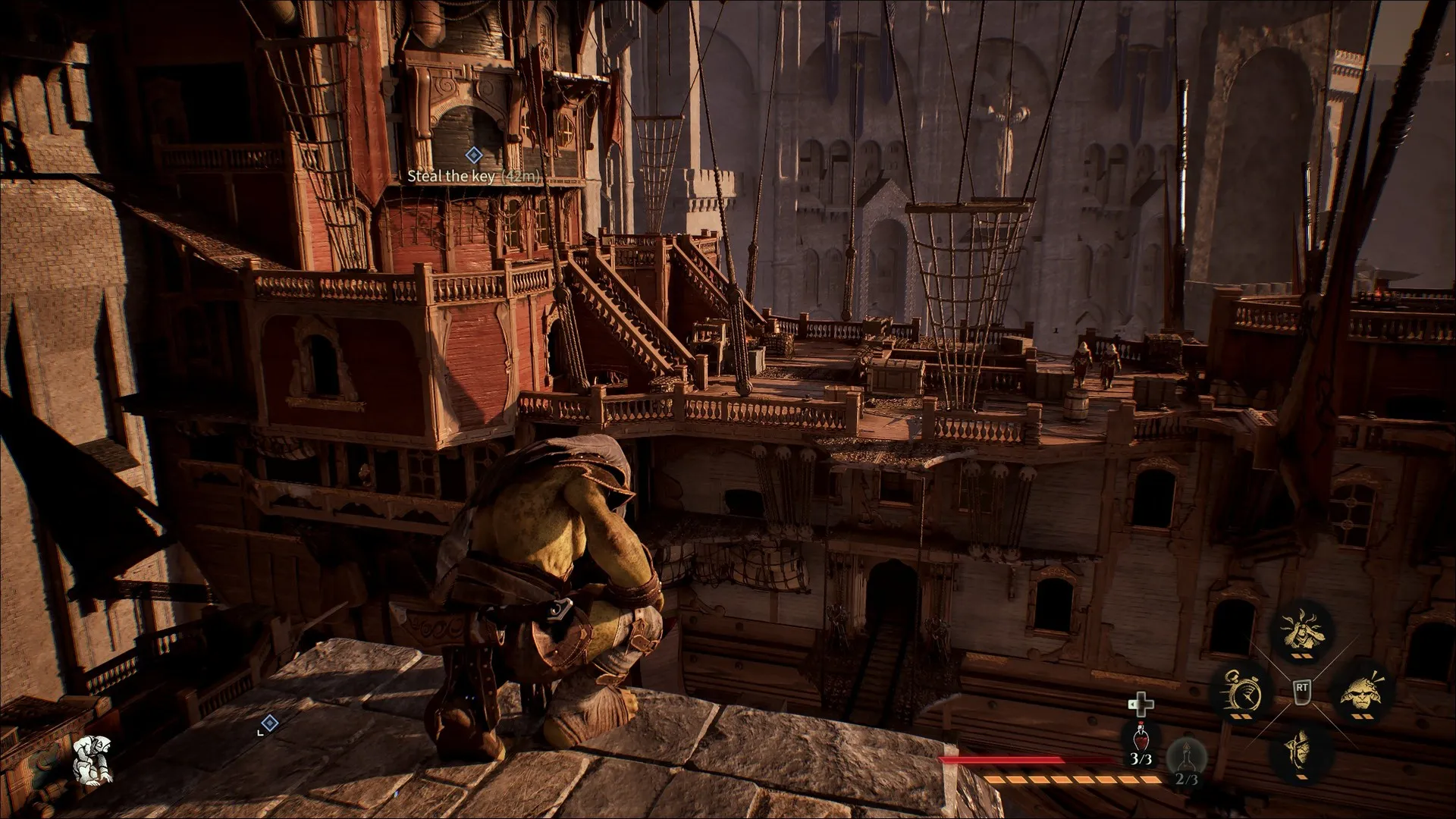 Styx looks at a zeppelin, planning a way on board in Styx: Blades of Greed