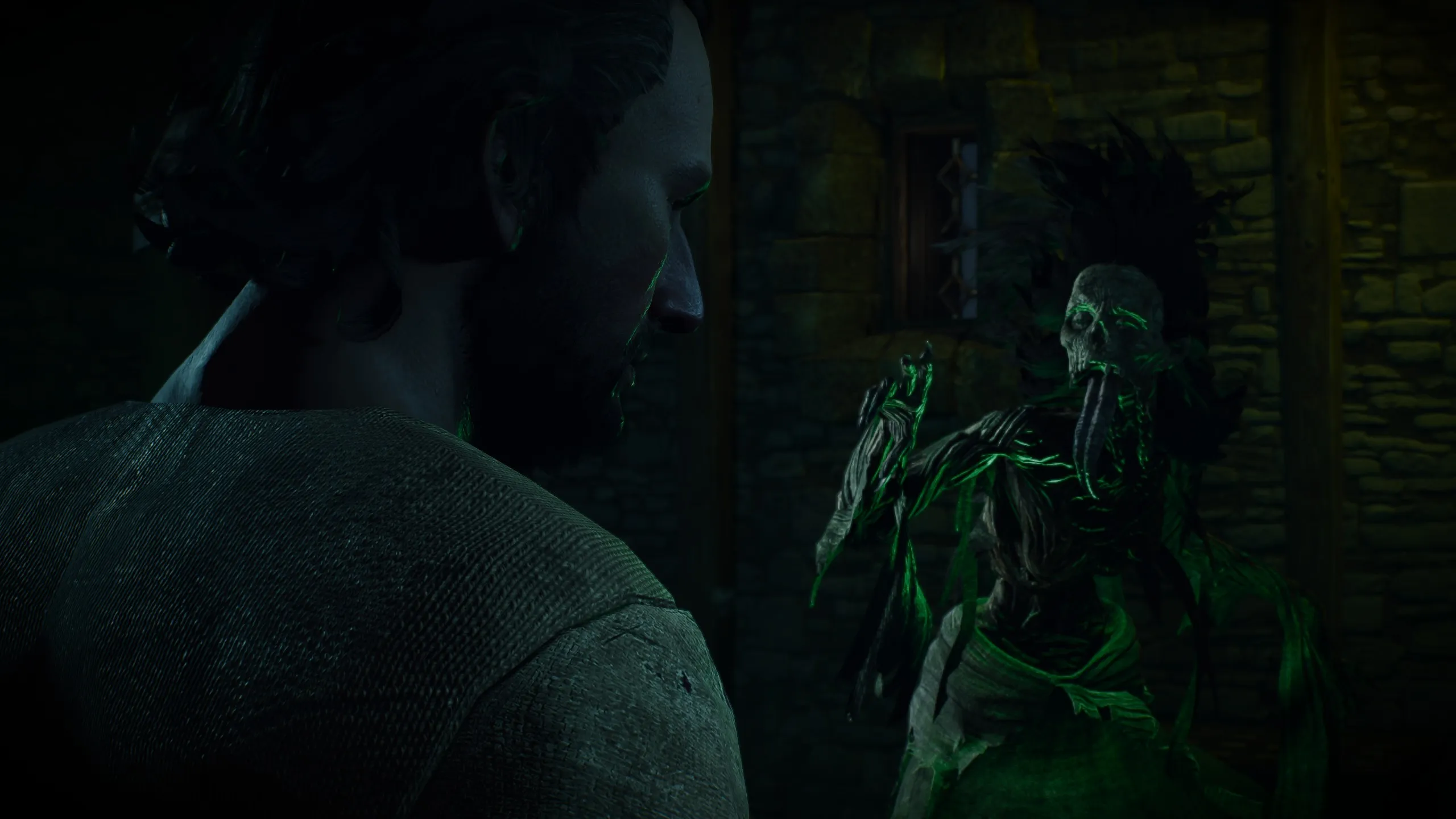 The Witcher 3 screenshots from quest 'A Towerfull of Mice', depicting scenes of a gloomy river and tower haunted by a Plague Maiden