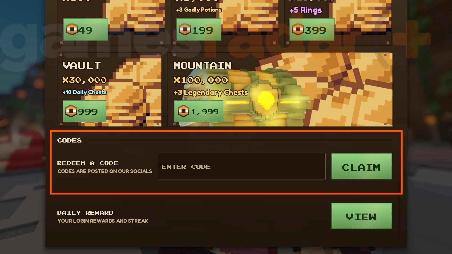 The Pixel Blade codes redemption box.