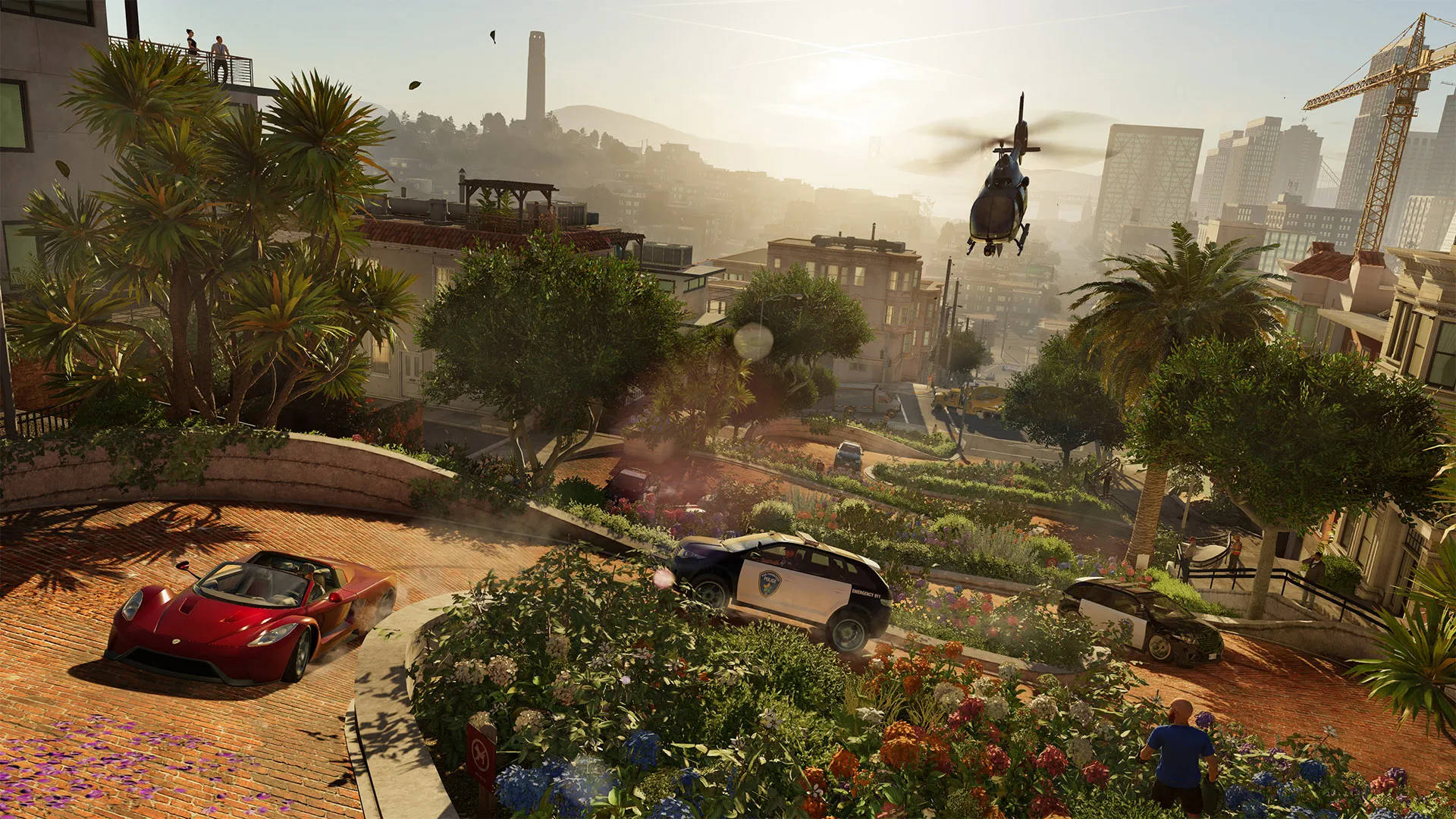 A scenic view of San Francisco with police chase running through it in Watch Dogs 2