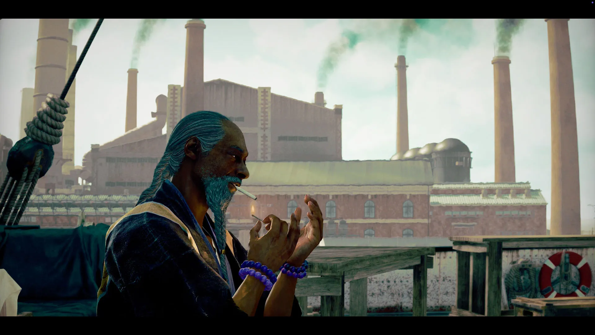 Orpheus, portrayed by Snoop Dogg in Stranger Than Heaven, lights up a cigarette from the side, with a factory churning out smoke from multiple smokestacks behind him