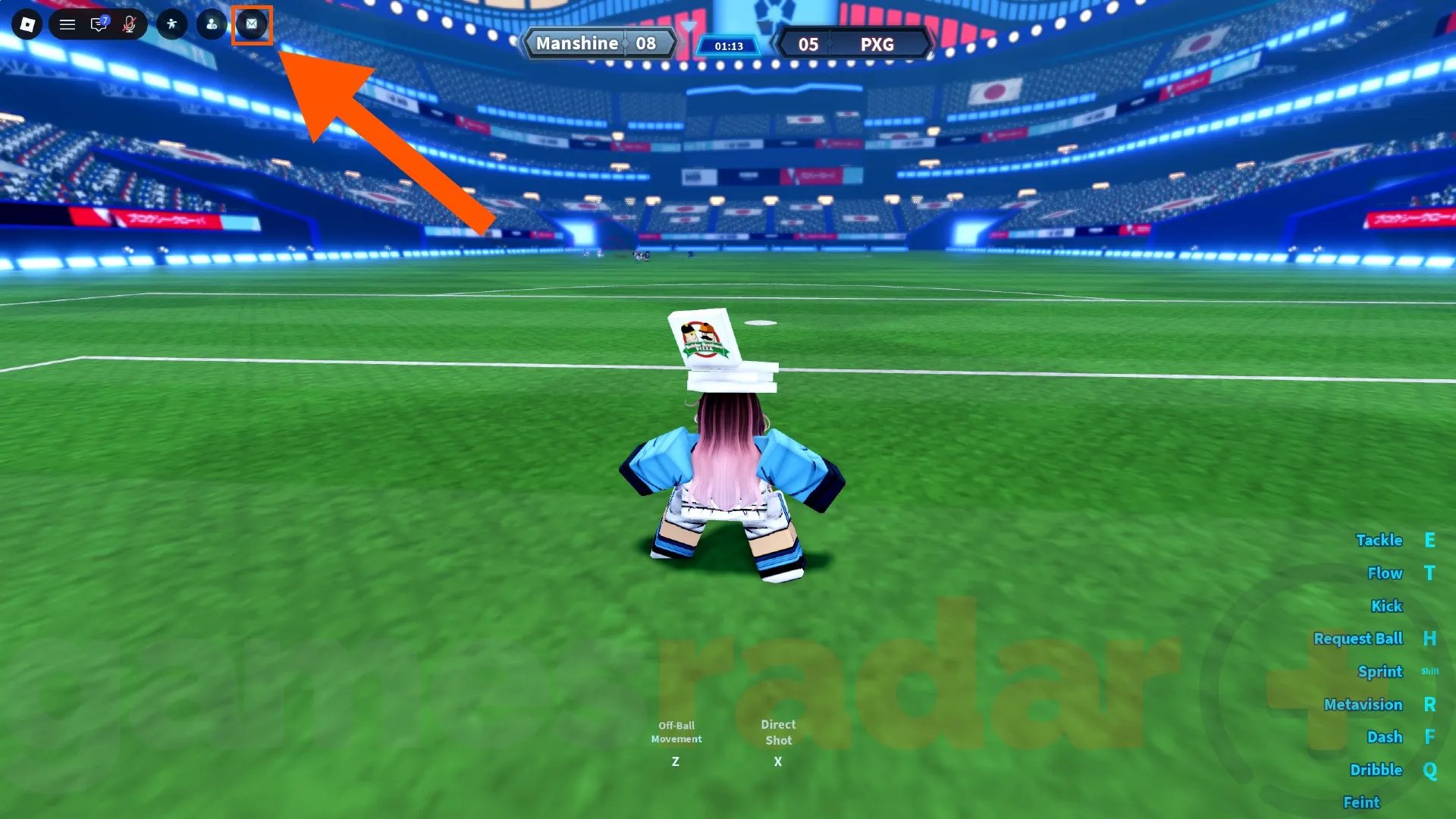 An orange arrow points to the Goalbound codes button while a pink-haired player stands in goal.