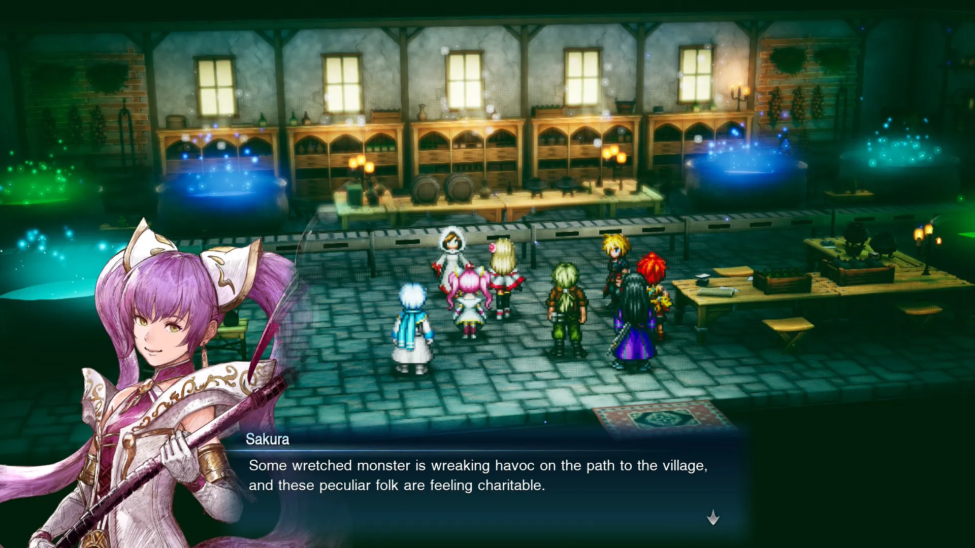 The pink-haired, twin-tailed Sakura speaks with Rain and the party in Final Fantasy Resonance: "Some wretched monster is wreaking havoc on the path to the village."