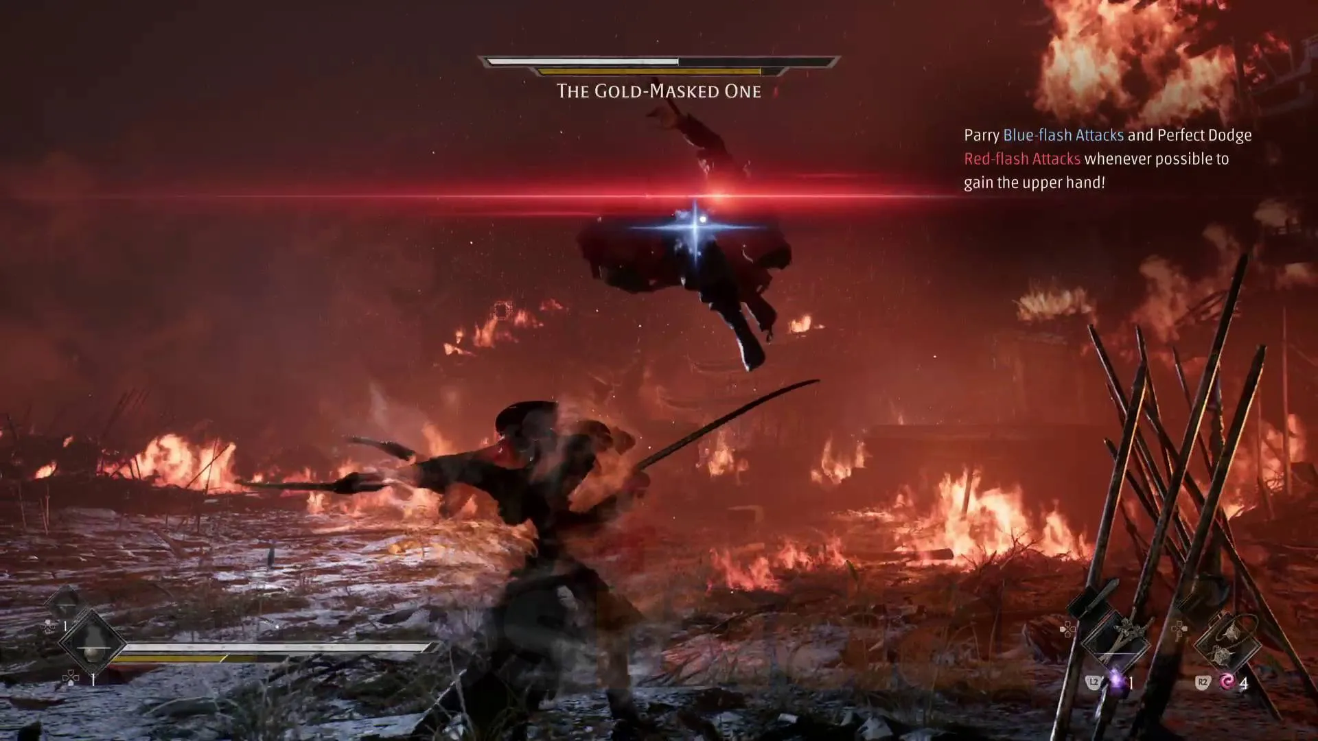 Phantom Blade Zero Gold-Masked One boss red-flash attack from the air