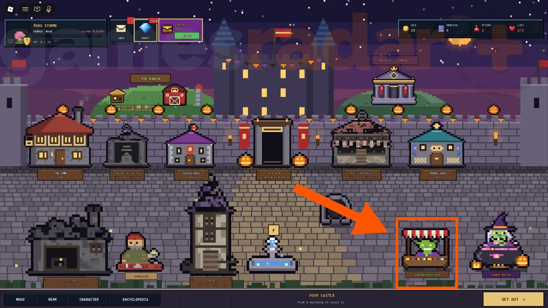 An orange arrow points to the Goblin Merchant where you can redeem Pixel Lineage codes.