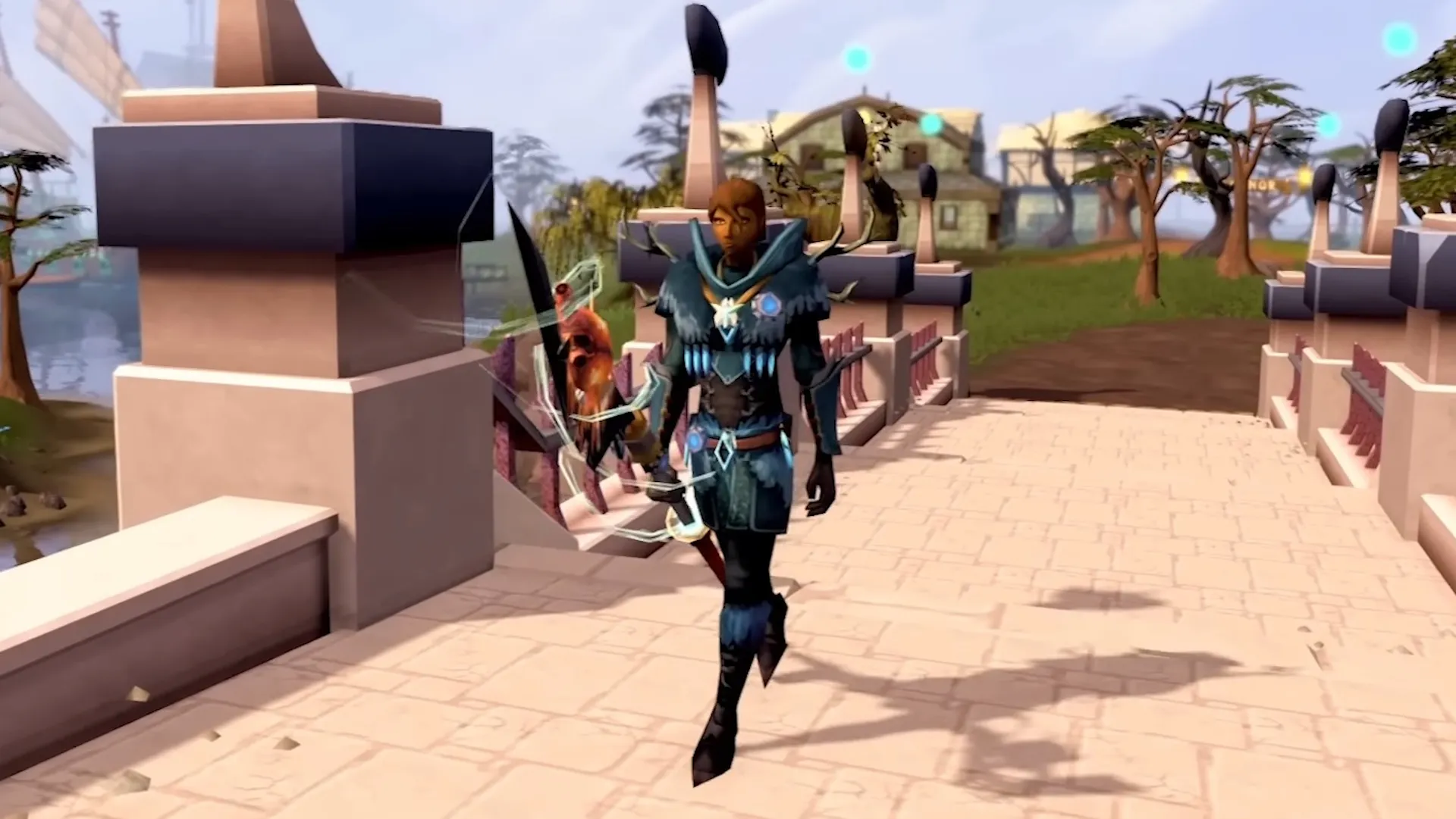 RuneScape 3 character walking on a bridge in blue robes