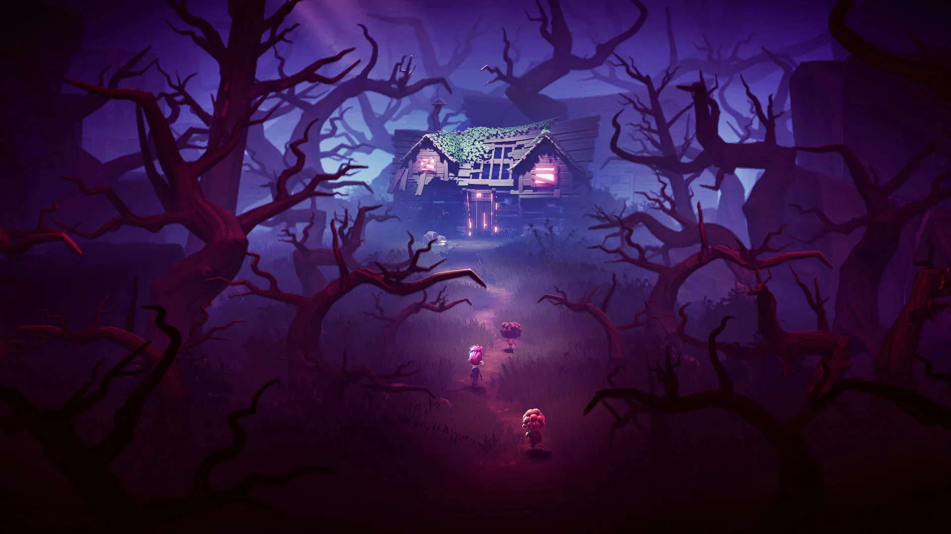 A screenshot of three kids running towards a spooky house at night in the upcoming co-op game, Stage Fright.